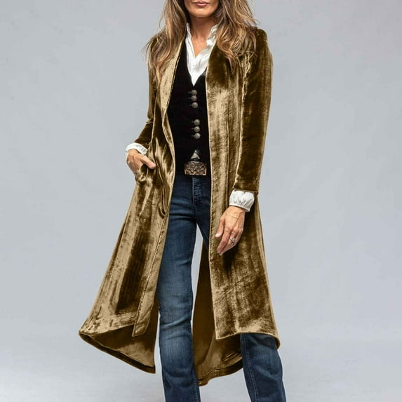 Abomasnow Velvet Long Cardigans for Women Lapel Collar Open Front Long Trench Coat Lightweight Back High Slit Blazer Suit S-2XL