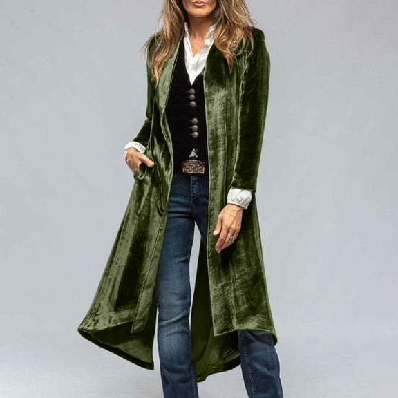 Abomasnow Velvet Long Cardigans for Women Lapel Collar Open Front Long Trench Coat Lightweight Back High Slit Blazer Suit S-2XL