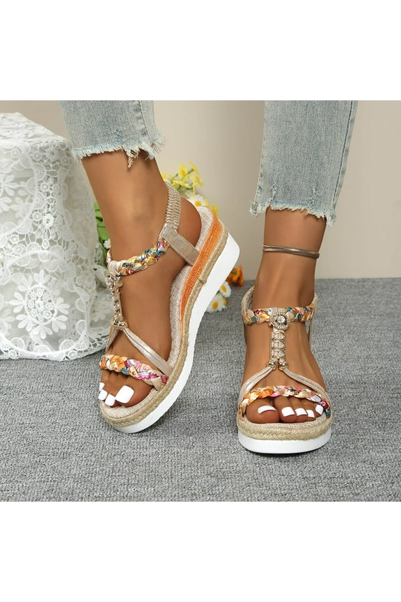 Wedge Sandals for Women Casual Bohemian Beach Sandals Orthopedic Ankle Strap Flip Flops Open Toe Jeweled Flat Sandals 2025