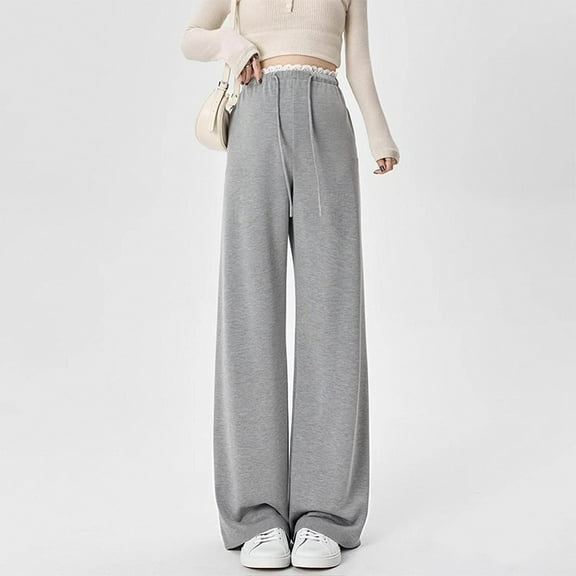 Abomasnow Wide Leg Sweatpants for Women Lightweight Lace Trim Drawstring Elastic Waist Baggy Sweat Pants