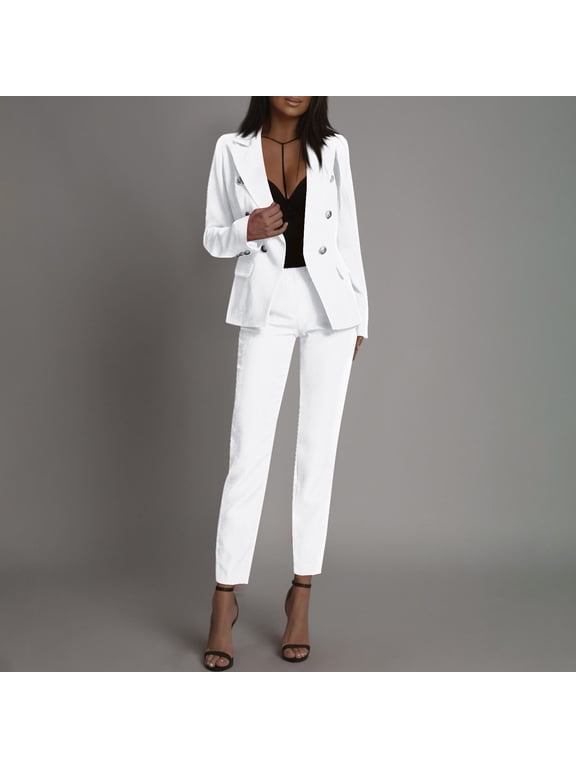 Women 2 Piece Outfits Double Breasted Blazer and Straight Leg Work Pants Casual Blazer Set Dressy Business Office Suits