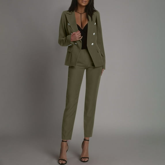 Abomasnow Women 2 Piece Outfits Double Breasted Blazer and Straight Leg Work Pants Casual Blazer Set Dressy Business Office Suits