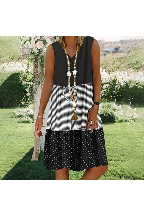 Women Casual Plus Size Mini Dress Summer Loose Fashion Patchwork V-Neck Stripe Dot Short Sleeve Ruffle Tiered Hem Linen Beach Sun Dress