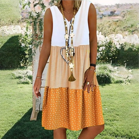 Abomasnow Womens Patchwork Color Stripe Dot Sleeveless Mini Dress Casual Summer Loose V-Neck Ruffle Tiered Hem Beach Sun Dress