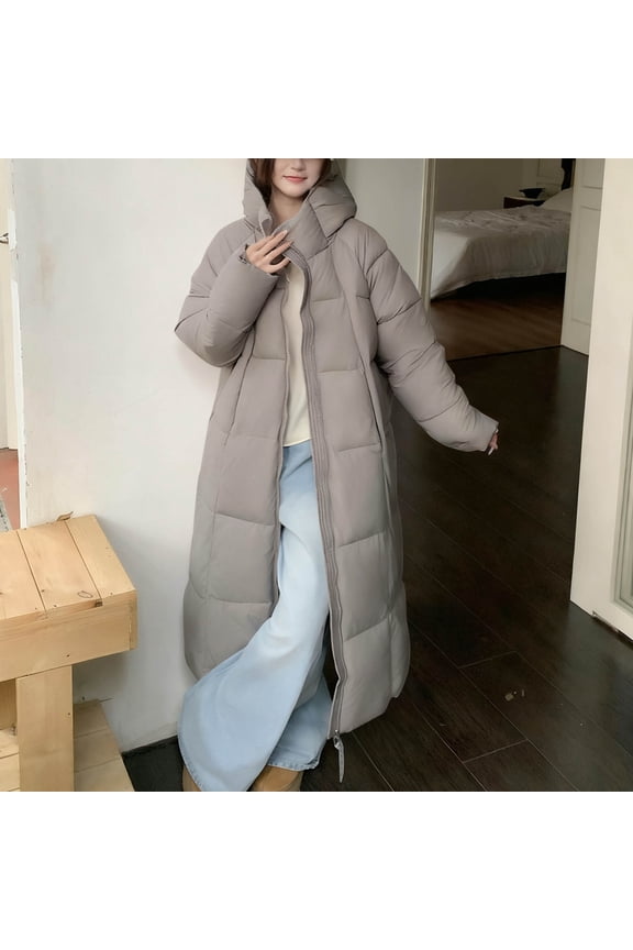 Women Long Quilted Coat Hooded Maxi Length Long Sleeve Puffer Jacket Padded Overcoat Winter Warm Outerwear