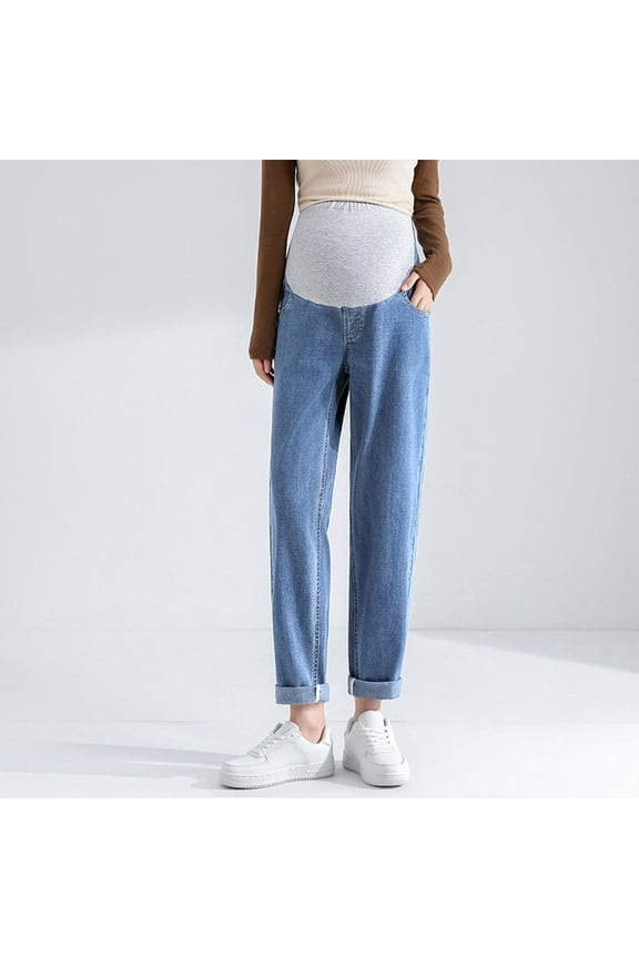 Women Maternity Jeans Straight Leg Cuffed Hem Stretchy Over The Belly Support Pregnancy Denim Pants M-XXL