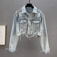 thumbnail image 1 of Abomasnow Women Oversized Denim Jacket Embroidered Pearls Beading Cropped Jeans Coat Rivet Studded Short Denim Coat, 1 of 5