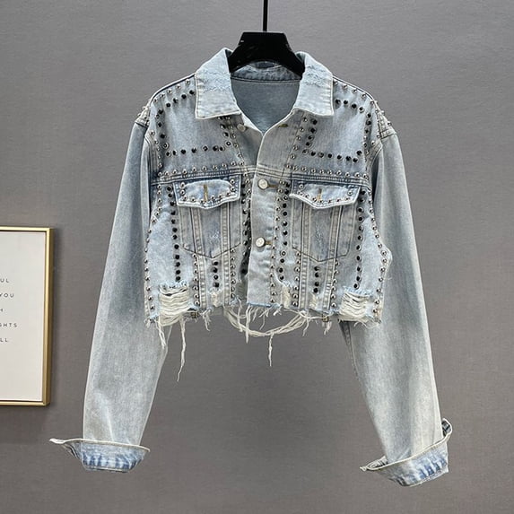 Abomasnow Women Oversized Denim Jacket Embroidered Pearls Beading Cropped Jeans Coat Rivet Studded Short Denim Coat