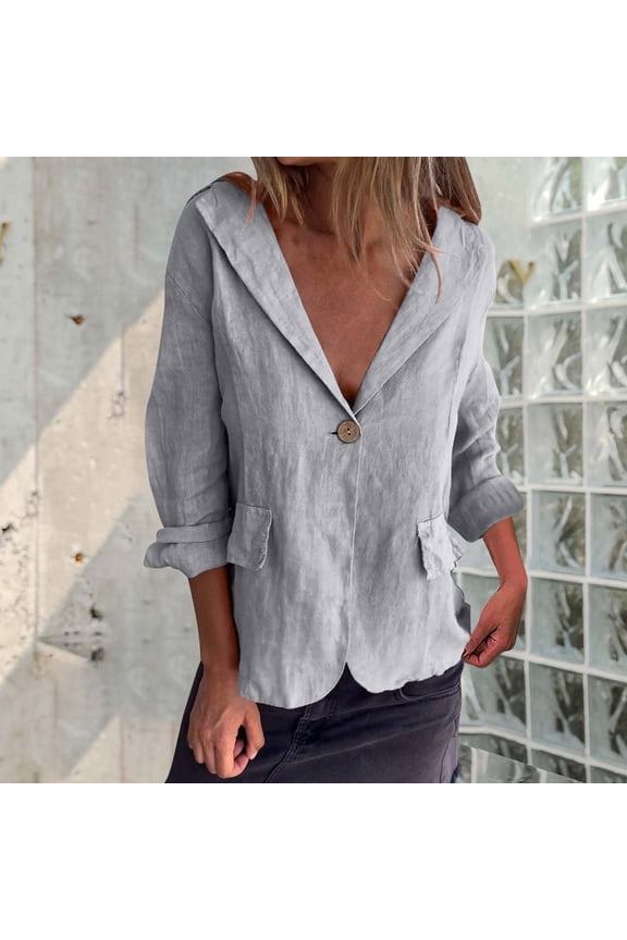 Women Summer Cotton Linen Cardigans Blazer Lightweight Long Sleeve V Neck Lapel Button Down Open Front Suit Jackets