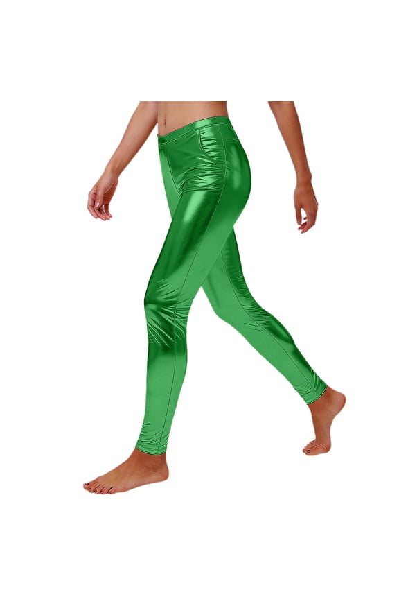 Women Wet Look Shiny Metallic Leggings Liquid Waist Stretch Pants S-2XL