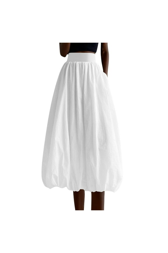 Women Y2k Bubble Maxi Skirt High Elastic Waist A Line Long Skirt Casual Ruffle Pleated Midi Dress with Pockets S-XL