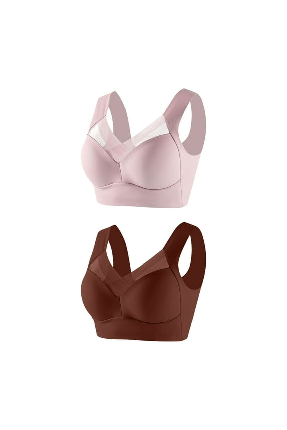Women's 2-Pack Double Support Wireless Everyday Bras, Lace Bra with Stay-in-Place Straps, Full-Coverage T-Shirt Bra
