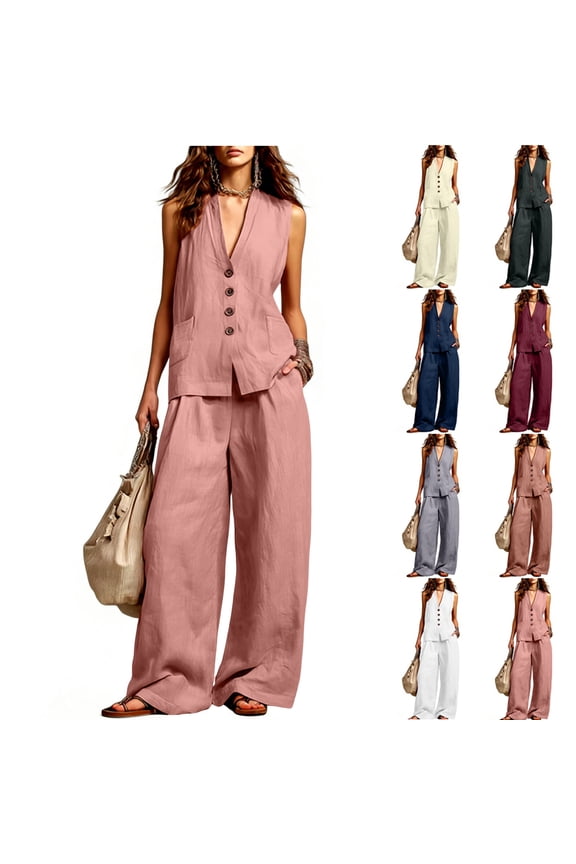 Women's 2 Piece Dressy Outfits Sets Button down Sleeveless V-Neck Vest Elastic High Waist Wide Leg Pants Work Office Business Casual Loose Summer Blazer Suits