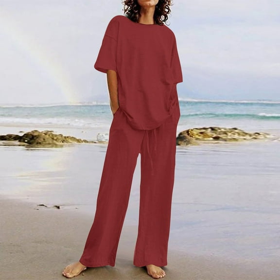Abomasnow Women's 2 Piece Outfits Sweatsuit Summer Casual Short Sleeve Pullover Tops and Drawstring Wide Leg Pants Lounge Sets Loose Beach Tracksuit