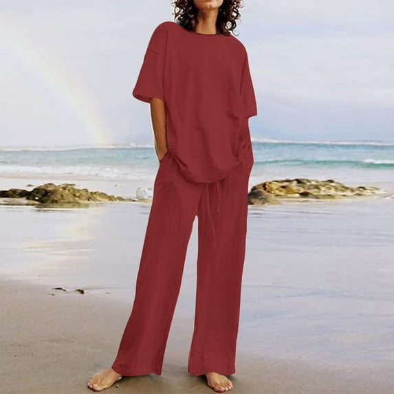 Abomasnow Women's 2 Piece Outfits Sweatsuit Summer Casual Short Sleeve Pullover Tops and Drawstring Wide Leg Pants Lounge Sets Loose Beach Tracksuit