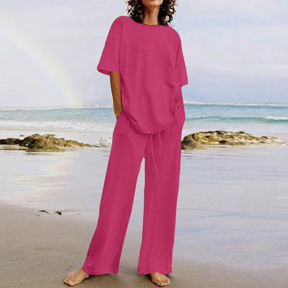 Abomasnow Women's 2 Piece Outfits Sweatsuit Summer Casual Short Sleeve Pullover Tops and Drawstring Wide Leg Pants Lounge Sets Loose Beach Tracksuit
