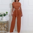 thumbnail image 1 of Abomasnow Women's 2 Piece Ribbed Outfits Lounge Sets Short Sleeve Belted Crop Tops Wide Leg Pant Sets Casual Tracksuit Set, 1 of 5