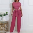 thumbnail image 1 of Abomasnow Women's 2 Piece Ribbed Outfits Lounge Sets Short Sleeve Belted Crop Tops Wide Leg Pant Sets Casual Tracksuit Set, 1 of 5