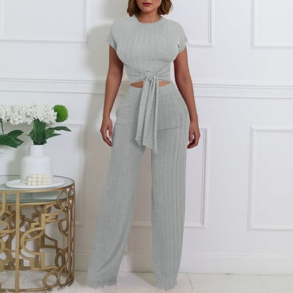 Abomasnow Women's 2 Piece Ribbed Outfits Lounge Sets Short Sleeve Belted Crop Tops Wide Leg Pant Sets Casual Tracksuit Set