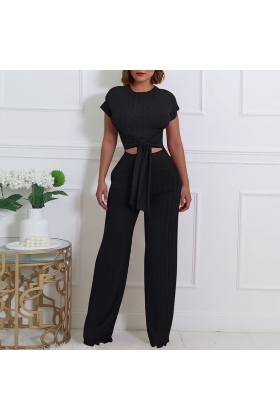 Women's 2 Piece Ribbed Outfits Lounge Sets Short Sleeve Belted Crop Tops Wide Leg Pant Sets Casual Tracksuit Set