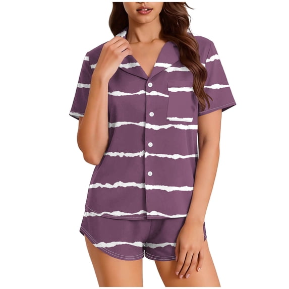 Abomasnow Women's 2 Pieces Pajamas Set Button Down Short Sleeve Collared Shirts Elastic High Waist Shorts Casual Soft Sleepwear Loungewear Set with Pockets