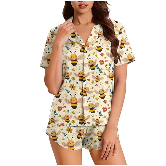 Abomasnow Women's 2 Pieces Pajamas Set Button Down Short Sleeve Collared Shirts Elastic High Waist Shorts Casual Soft Sleepwear Loungewear Set with Pockets