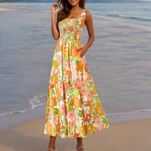 Abomasnow Women's 2025 Summer Square Neck Floral Boho Print Smocked Long Dress A Line Sleeveless Swings Sundress Vacation Beach Outfits