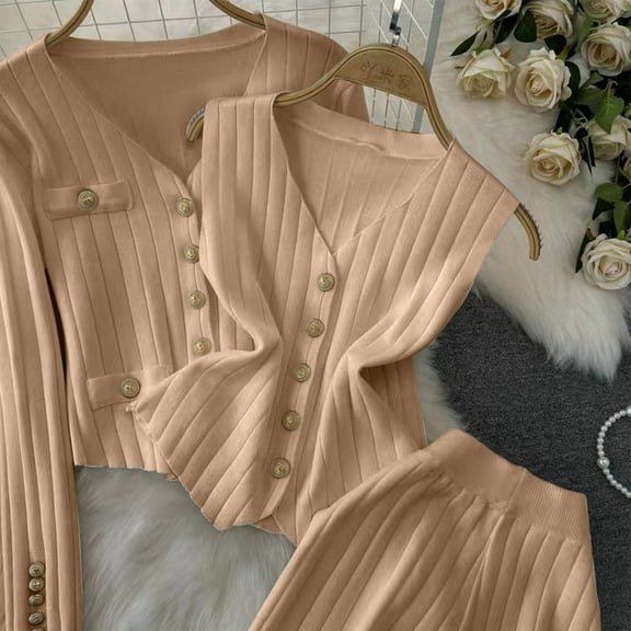 Abomasnow Women's 3 Piece Sweater Sets V Neck Long Sleeve Cardigan and Knitted Button Down Vest & Wide Leg Pants Business Work Office Outfits