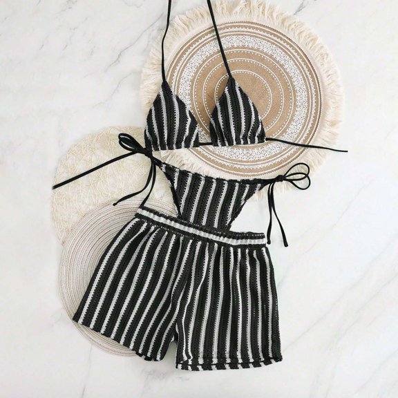 Abomasnow Women's 3 Piece Swimsuits Halter Triangle String Bikini Set with Cover Up Beach Short Bathing Suit 2026