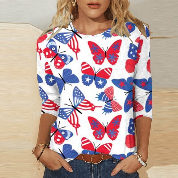 Abomasnow Women's 4th of July Independence Day T-Shirt American Flag Patriotic Printed Top 3/4 Sleeve Crewneck Tees Tops