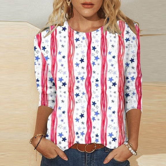 Abomasnow Women's 4th of July Independence Day T-Shirt American Flag Patriotic Printed Top 3/4 Sleeve Crewneck Tees Tops
