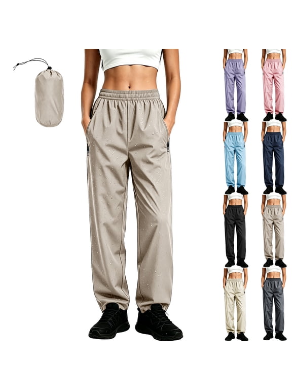 Women's Athletic Pants Elastic High Waist Waterproof Windbreaker Packable Pants Casual Lightweight Hiking Travel Outdoor Pants with Pockets