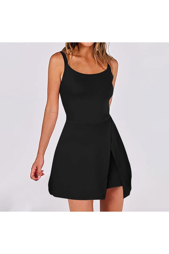 Women's Athletic Skortsie Tennis Dress with Shorts Underneath, Sleeveless Athletic Yoga Romper Hot Shot Dresses on Sale 2025