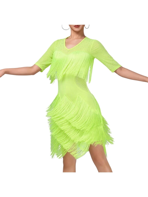 Women's Ballroom Dance Costume Short Sleeve V Neck Pleated Long Fringed Tango Latin Dance Dress