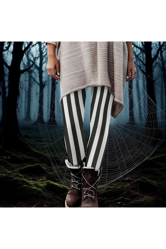 Women's Black White Striped Legging Pants Ankle Length Stretchy Tights High Waist Elastic Leggings Pant