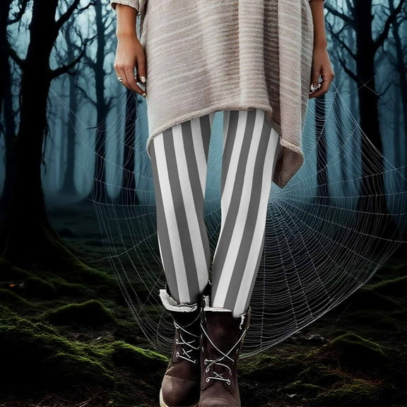 Abomasnow Women's Black White Striped Legging Pants Ankle Length Stretchy Tights High Waist Elastic Leggings Pant