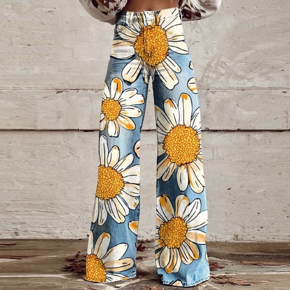 Abomasnow Women's Boho Floral Print Jeans Plus Size Wide Leg Baggy Denim Pants High Waist Stretchy Stitch Decor Washed Jeans S-5XL