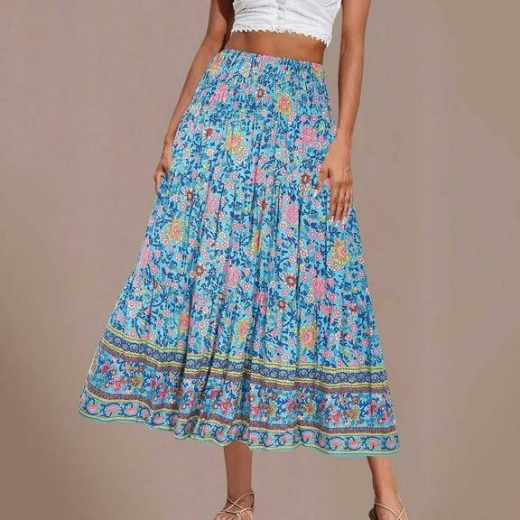 Abomasnow Women's Boho Maxi Skirt Vintage Floral Print Elastic High Waist A Line Long Skirts Summer Plus Size Flowy Swing Beach Skirts for Women