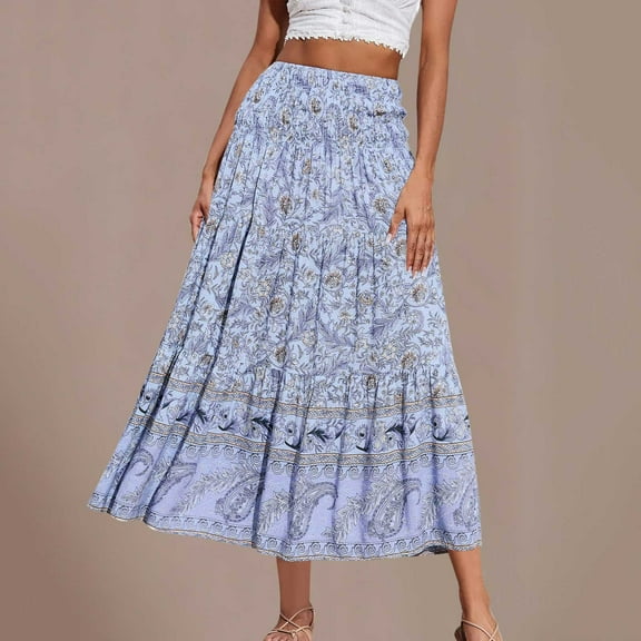 Abomasnow Women's Boho Maxi Skirt Vintage Floral Print Elastic High Waist A Line Long Skirts Summer Plus Size Flowy Swing Beach Skirts for Women