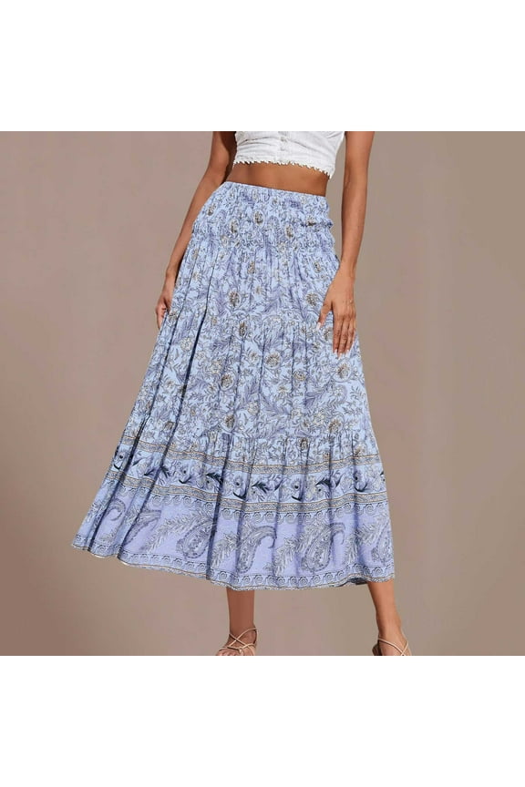Women's Boho Maxi Skirt Vintage Floral Print Elastic High Waist A Line Long Skirts Summer Plus Size Flowy Swing Beach Skirts for Women