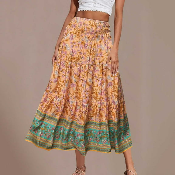 Abomasnow Women's Boho Maxi Skirt Vintage Floral Print Elastic High Waist A Line Long Skirts Summer Plus Size Flowy Swing Beach Skirts for Women