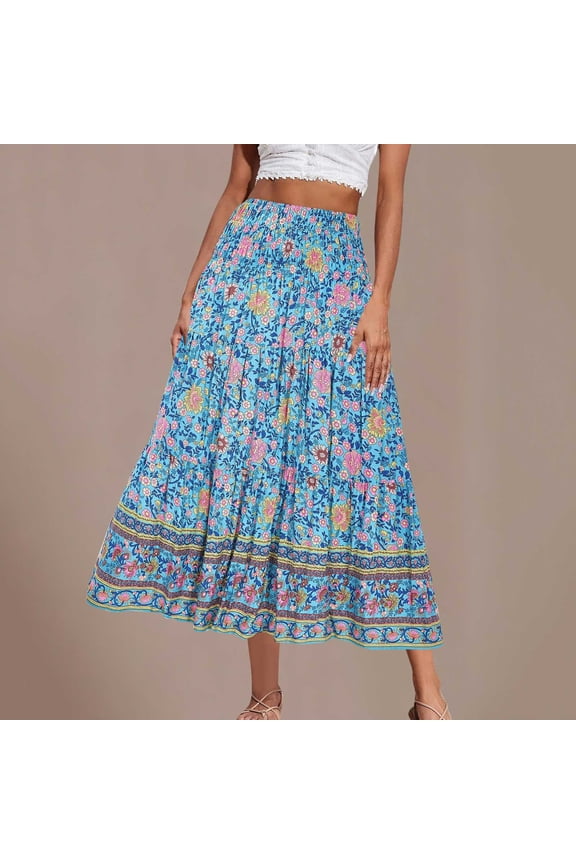 Women's Boho Maxi Skirt Vintage Floral Print Elastic High Waist A Line Long Skirts Summer Plus Size Flowy Swing Beach Skirts for Women