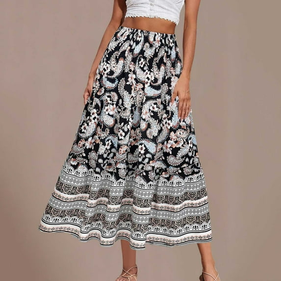 Abomasnow Women's Boho Maxi Skirt Vintage Floral Print Elastic High Waist A Line Long Skirts Summer Plus Size Flowy Swing Beach Skirts for Women