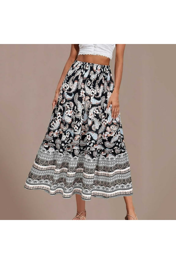 Women's Boho Maxi Skirt Vintage Floral Print Elastic High Waist A Line Long Skirts Summer Plus Size Flowy Swing Beach Skirts for Women