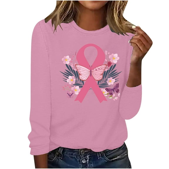 Cxenplz Women's Breast Cancer Awareness T-Shirts Cute Pink Ribbon Graphic Print Tees Tops Fall Casual Long Sleeve Crew Neck Dressy Shirts