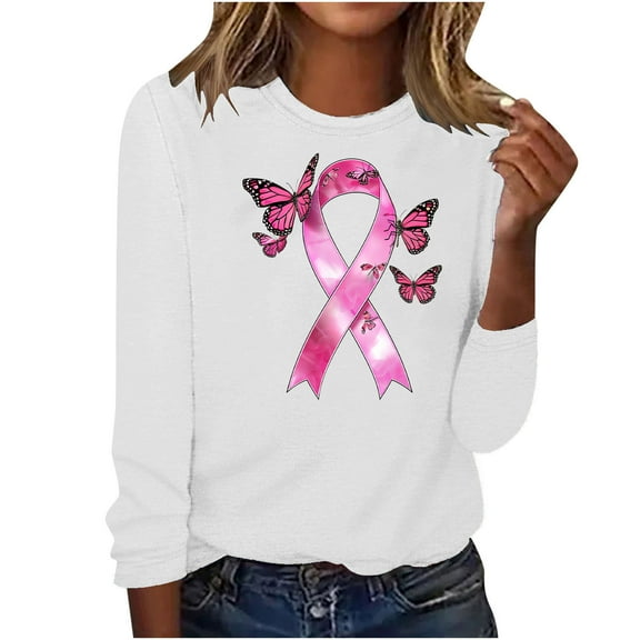 Cxenplz Women's Breast Cancer Awareness T-Shirts Cute Pink Ribbon Graphic Print Tees Tops Fall Casual Long Sleeve Crew Neck Dressy Shirts