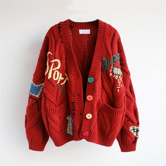 Abomasnow Women's Cable Knit Long Sleeve Open Front Cardigan Sheep V-Neck Button Down Embroidery Wool Blend Sweater Coat Outwear