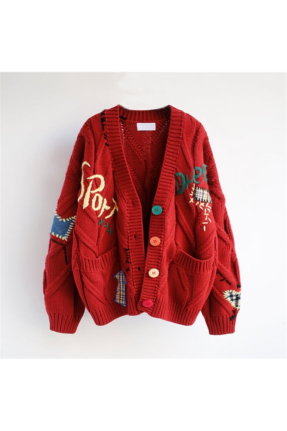 Women's Cable Knit Long Sleeve Open Front Cardigan Sheep V-Neck Button Down Embroidery Wool Blend Sweater Coat Outwear