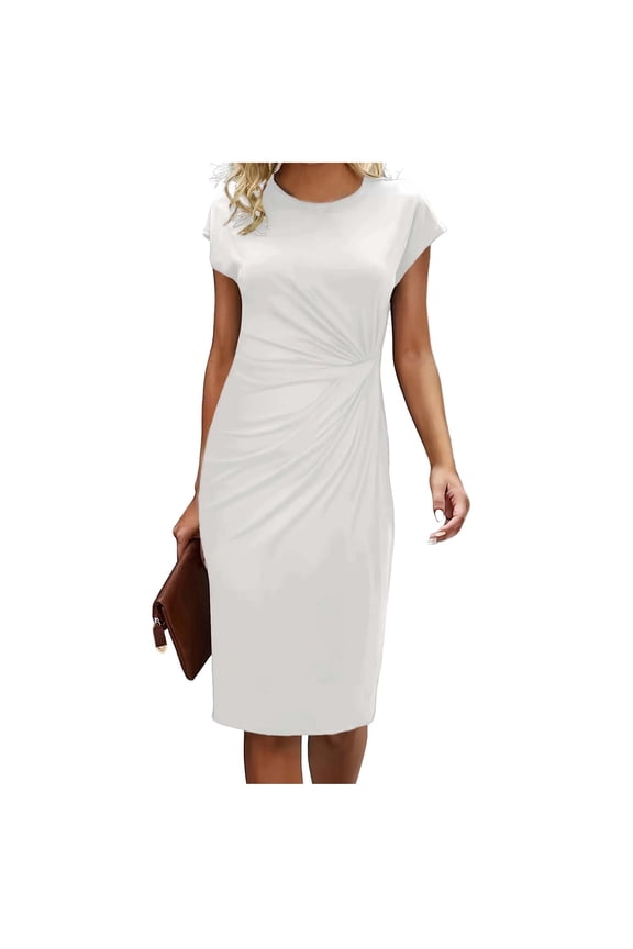 Women's Cap Sleeve Crewneck Bodycon Midi Dress Slim Fit Ruched Business Office Pencil Dress S-2XL