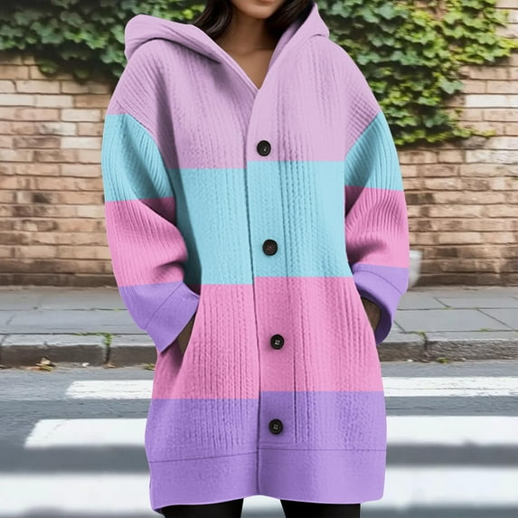 Abomasnow Women's Cardigan Sweaters Long Sleeve Soft Button Open Front Knit Hooded Sweaters Fall Winter Knitted Color Block Striped Print Kimono